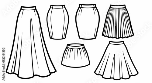 Various women's skirt styles: outline illustrations including maxi, pencil, mini, pleated, and flared designs for fashion and apparel concepts.