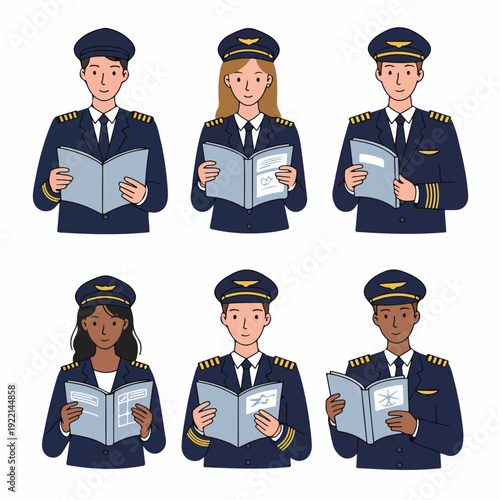 Diverse airline pilots in uniform studying manuals, symbolizing aviation education, career, and professional development and growth.