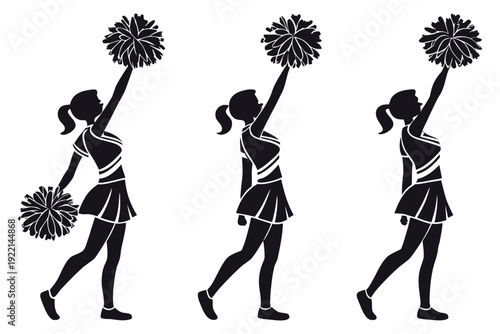 Three black silhouette cheerleaders with pompoms in sequential motion pose