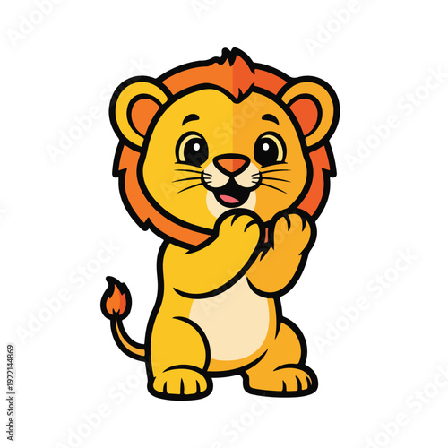 Smiling cartoon lion standing on hind legs with paws together