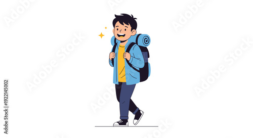 Young male hiker character with blue backpack and sleeping mat walks happily while embarking on an outdoor adventure journey.