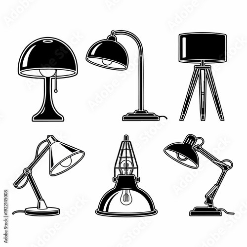A collection of six distinct black and white lamp silhouettes, showcasing various lighting fixtures for home and office decor.