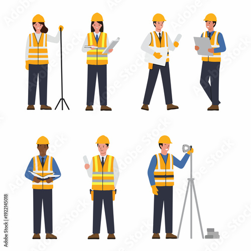 Diverse Team of Construction Professionals: Architects, Engineers, and Surveyors in Safety Gear with Plans and Tools, Ready for Project Development.