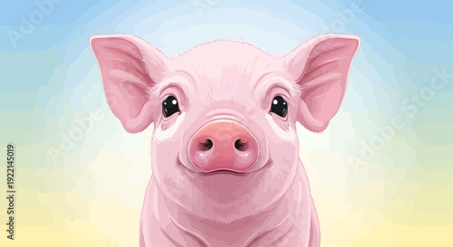 A cartoon pig with large ears and a smiling face in a gradient background, 