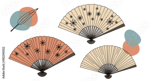 Elegant traditional hand fans with delicate floral patterns and abstract color blobs presented in a stylish decorative layout.