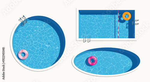 Top view of different swimming pool shapes including circular rectangular and oval with clear blue water and colorful floaties.