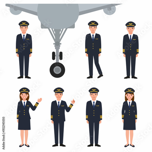 Diverse professional airline pilots in uniform standing under an airplane, representing aviation careers and travel industry staff in a friendly cartoon illustration.