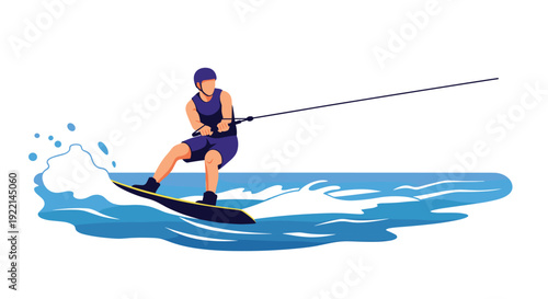 Male athlete wakeboarding on a blue sea surface while holding onto a tow rope and creating splashes of white ocean water.