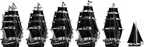 Vintage Sailing Ships Silhouette Collection Classic Tall Pirate Boats and Sailboat Black and White Vector Illustration Set