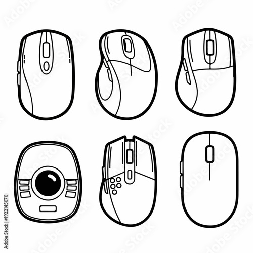 Diverse Computer Mouse Line Art Collection: Six Distinct Designs for Gaming, Ergonomics, and Standard Use.