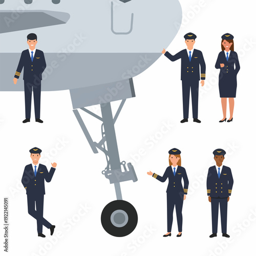 Diverse professional airline pilots and flight crew in uniform posing with airplane landing gear, representing global aviation careers and teamwork.
