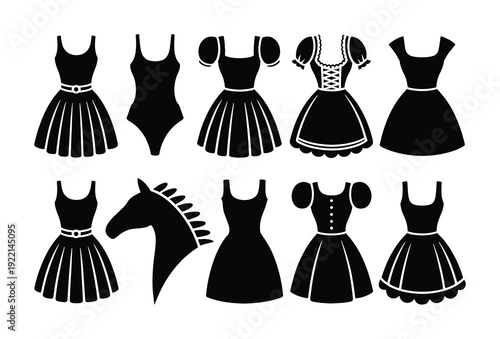 Collection of Black Silhouettes of Dresses and a Horse Head
