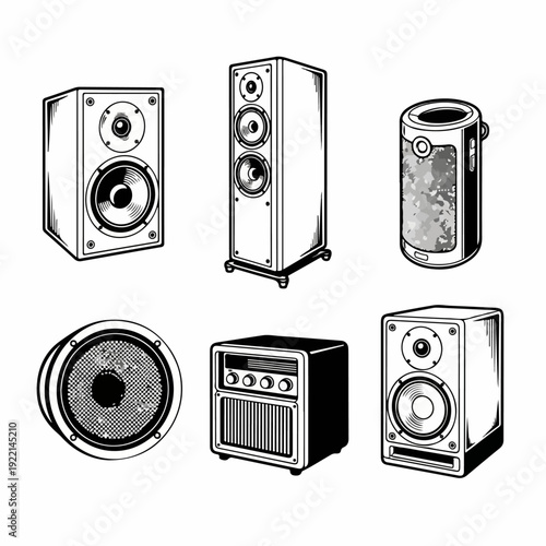 Black and White Vector Set of Audio Speakers, Amplifiers, and Sound Equipment for Music, Home Audio, and Professional Applications.