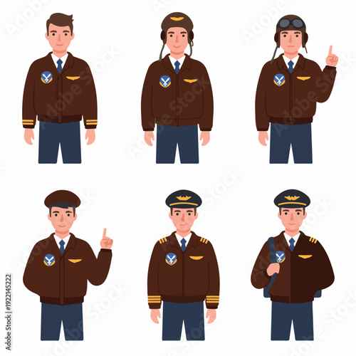 Illustrated male pilot characters in diverse uniforms: classic bomber jacket, aviator helmet, goggles, and captain's hat, perfect for aviation concepts.