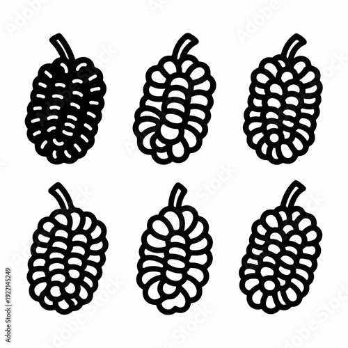 Set of six black and white line art mulberry illustrations, showcasing solid and outlined variations of the fruit for design.