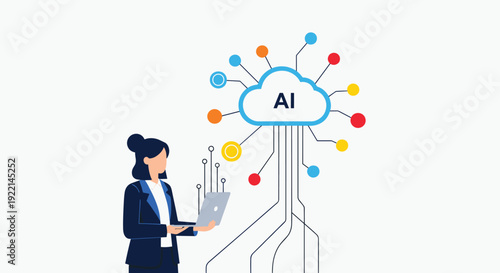 Professional woman using a laptop connected to a cloud artificial intelligence system with colorful data nodes and network lines.
