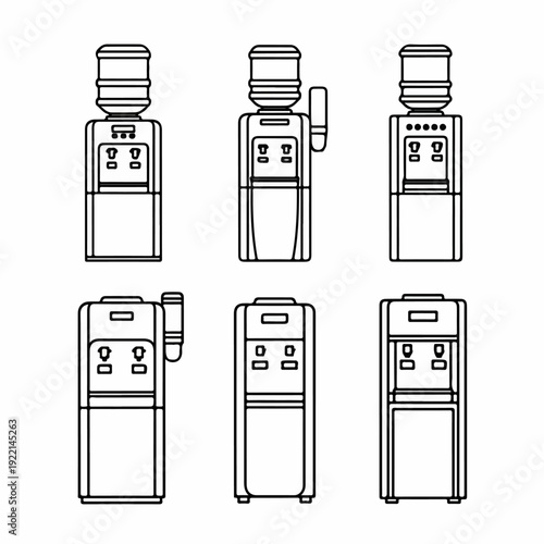 Set of various water dispenser and cooler outline icons. Collection of home, office, and commercial drinking water units for refreshment and hydration.