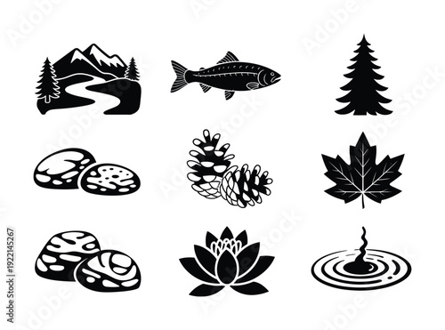 Collection of Nature-Themed Mountains, Fish, Trees, Rocks, Pinecones, Maple Leaf, Lotus, and Water Droplet