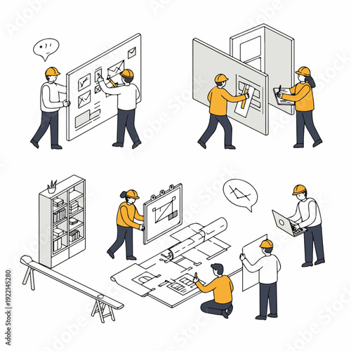 Isometric illustration set of architects and engineers planning and developing construction projects, blueprints, and designs.