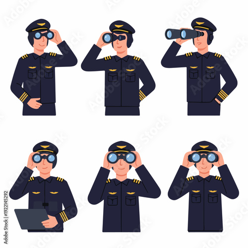 Set of professional pilots and captains in various poses, utilizing binoculars and a telescope for observation and navigation, depicted in a flat design illustration style.