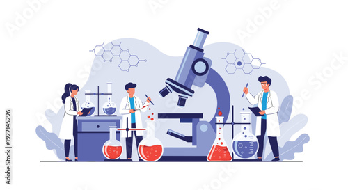 Team of scientists in white lab coats conducting experiments in a laboratory with a giant microscope and colorful chemical flasks.