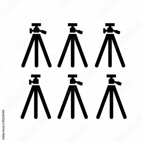Black silhouette icons of camera tripods, essential photography and video equipment, arranged in a grid on a clean white background, symbolizing stability and professional gear.