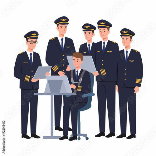 Group of male pilots in uniform conducting a flight simulator training session, demonstrating teamwork and professional development in aviation.