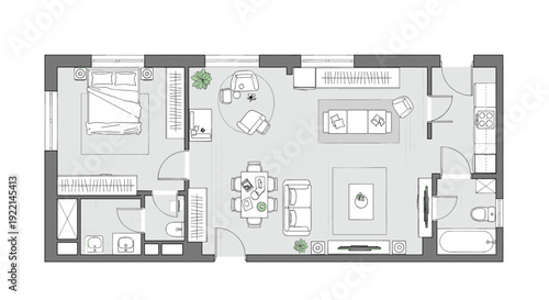 Detailed floor plan of a modern one bedroom apartment featuring furniture layout for the living room bedroom and kitchen.