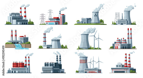 Comprehensive set of various industrial factories power plants and manufacturing buildings with smoking chimneys.