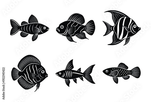 Collection of Six Stylized Black and White Fish on White Background