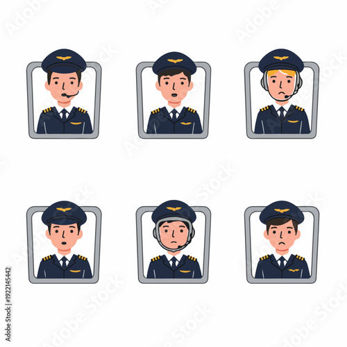 Diverse Cartoon Male Pilot Avatars: A Collection of Professional Airline Captain Icons with Various Expressions and Headsets.
