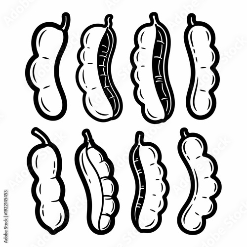 Stylized black and white illustrations of various bean pods, including whole and split legumes, perfect for healthy food, agriculture, or plant-based design.