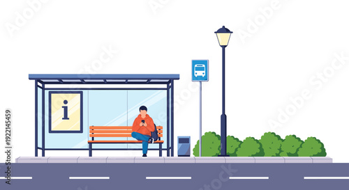 Man sitting on a bench at an urban bus stop waiting for public transport while using his smartphone on a city sidewalk.