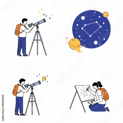 Young explorers observing the night sky through telescopes and sketching constellations, illustrating astronomical study and space fascination.