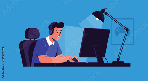 Enthusiastic male gamer wearing headphones and sitting at a desk while playing a video game illuminated by a bright desk lamp.