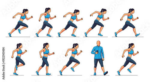 Athletic sequence showing a woman in various stages of running alongside a man walking to represent fitness and exercise.