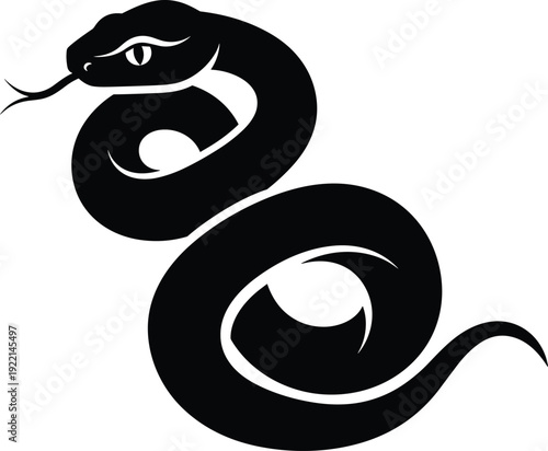 Black coiled snake silhouette vector illustration with flicking tongue isolated on white background for minimalist reptile logo and tattoo design