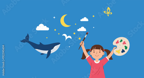 Creative young girl holding a palette and paintbrush while dreaming of whales stars and butterflies in a blue sky.