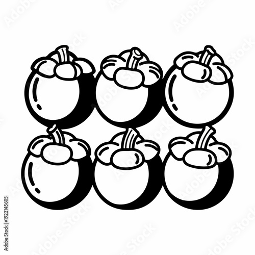 Six simple black and white outline illustrations of mangosteen fruits, arranged in two rows on a clean white background, perfect for minimalist designs.