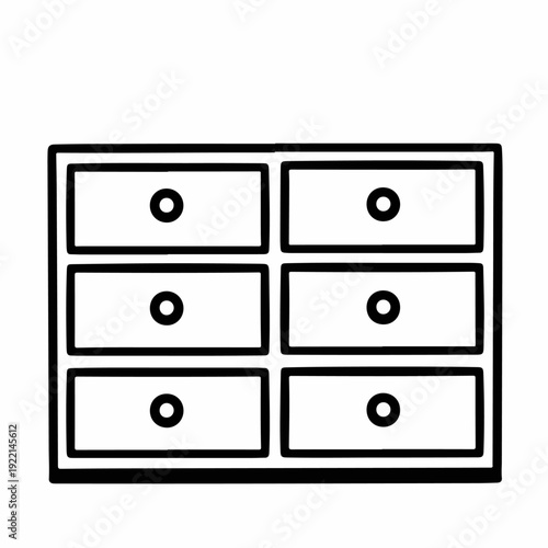 Minimalist black and white line art illustration of a six-drawer chest of drawers, a classic storage furniture piece.