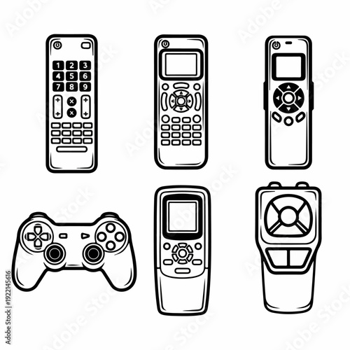 Vector illustration set of various remote controls and a video game controller, depicted in black outline on a clean white background.