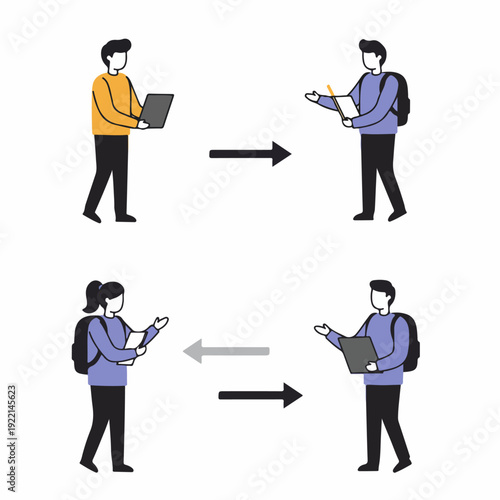 People exchanging information and collaborating, illustrating one-way data transfer with laptops and notebooks, plus two-way communication.