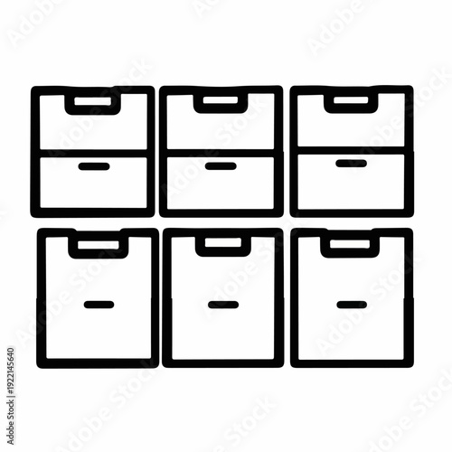 Simple black outline icons depicting six minimalist filing cabinet drawers or storage boxes, arranged in a grid on a white background, representing organization and data.