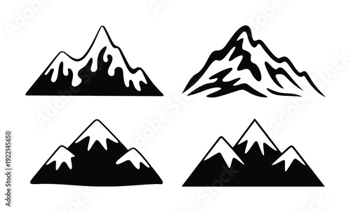 Collection of Stylized Mountain Silhouettes with Snow-Capped Peaks