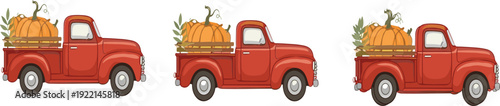 Vintage red pickup truck carrying pumpkins for autumn harvest Thanksgiving seasonal decoration vector illustration set
