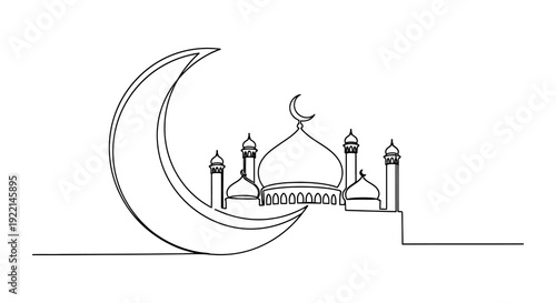 A continuous line drawing depicts a crescent moon and a detailed mosque silhouette symbolizing islamic faith high quality