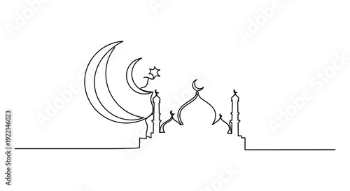 A continuous line drawing depicts a crescent moon stars and a mosque silhouette representing islamic faith high quality