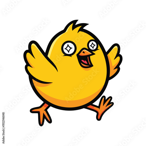 Cartoon yellow bird with expressive eyes and open beak running forward
