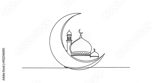 A minimalist line drawing depicts a crescent moon cradling a mosque representing islamic faith and spirituality high quality