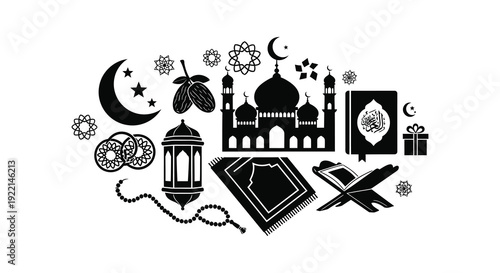 An elegant black and white composition featuring islamic symbols like a mosque crescent moon and quran high quality